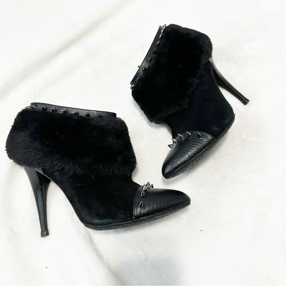 ABS Allen Schwartz Black Studded Ankle Boots fur heeled booties spiked size 8